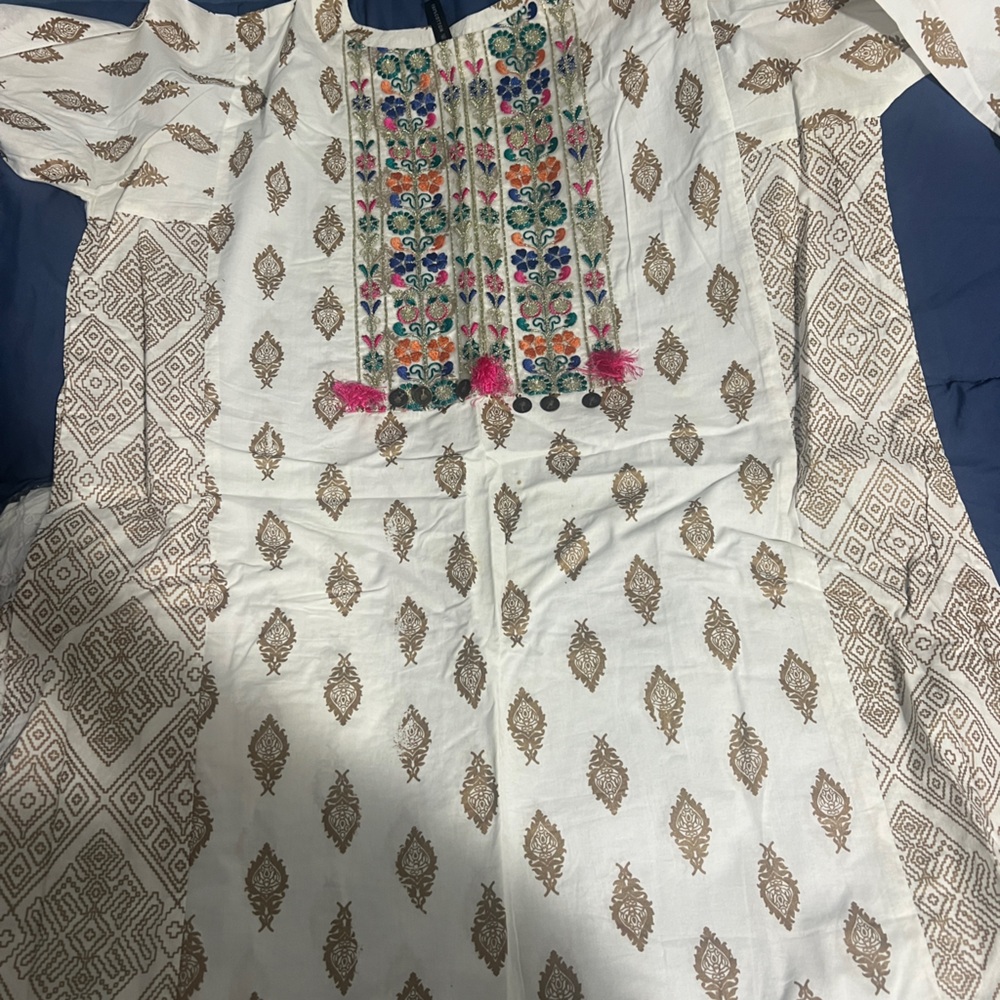 Embroidered White Long Sleeve Women's Dress with Multicolor Accents